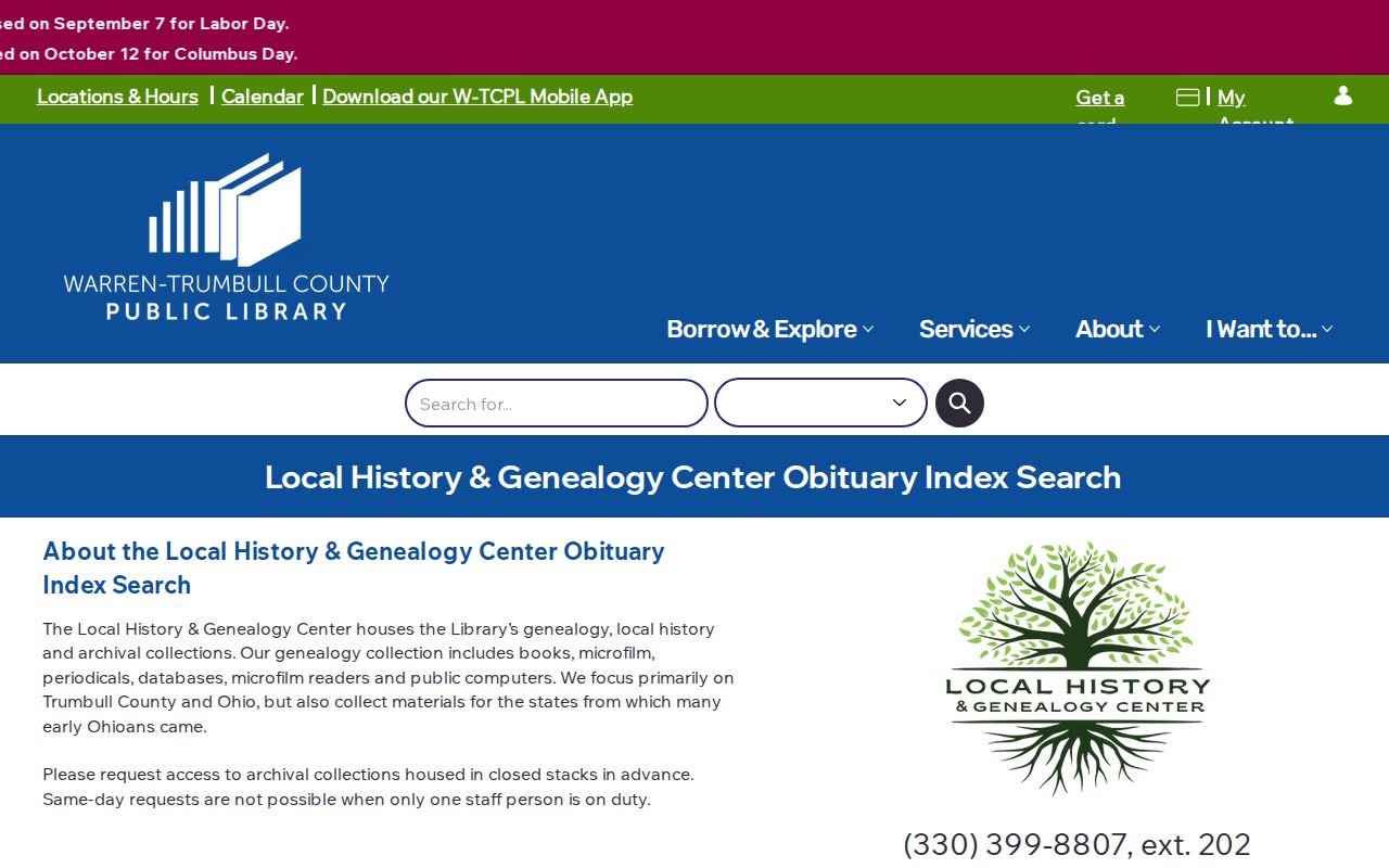 Weathersfield Township city directory research using the W-TCPL obituary index